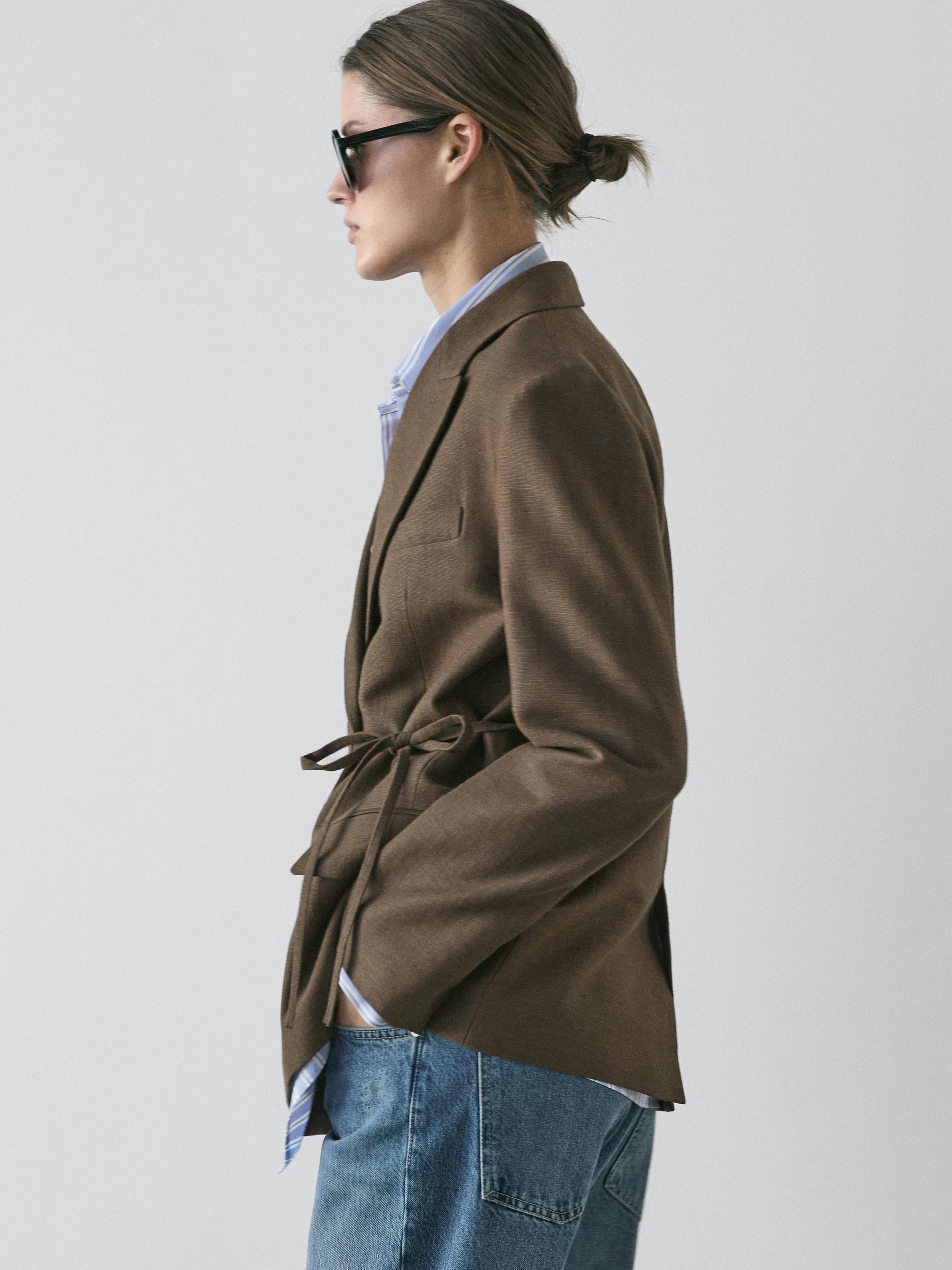 Double-breasted cotton blend blazer with tie detail